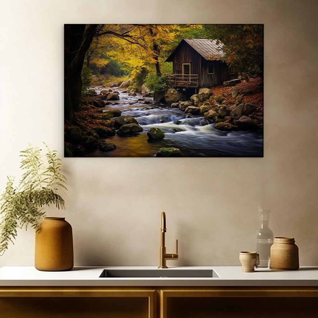 Canvas for Living room. Whispers of Serenity Among Autumn Woods � Discover the Rustic Retreat by the Waterfall River, 27 x 18 inch Canvas Wall Art - Contemporary Masterpieces - Modern Home Decor