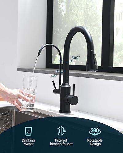 Vista 174 de APPASO Grifo de cocina cuadrado con filtro, grifos de fregadero de 3 vías negro mate con rociador extraíble, 2 modos, arco alto, moderno, 2 asas