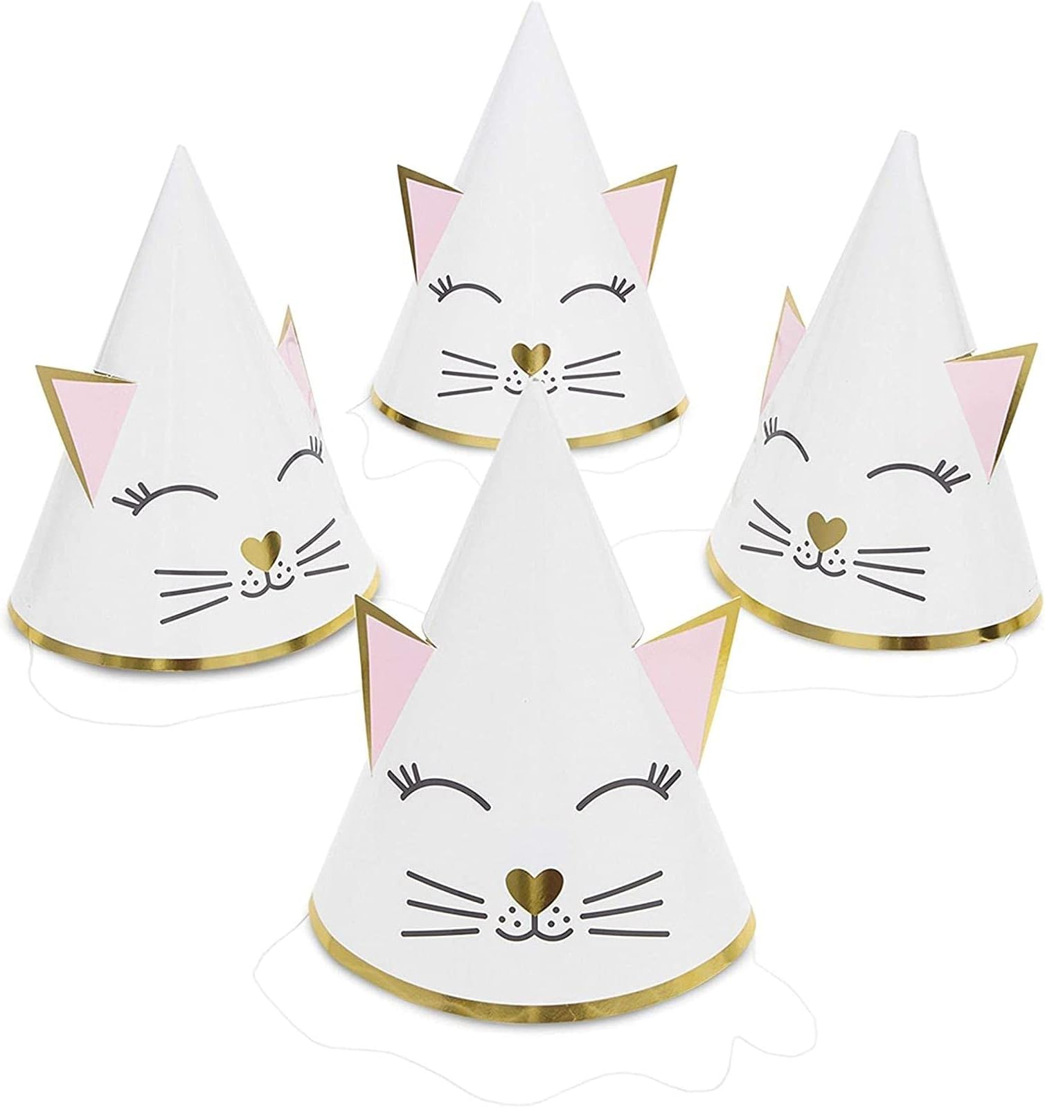 Sparkle and Bash 24 Pack Cat Birthday Cone Hats, White and Pink Themed Party Decorations for Feline Celebrations - Cat Cone