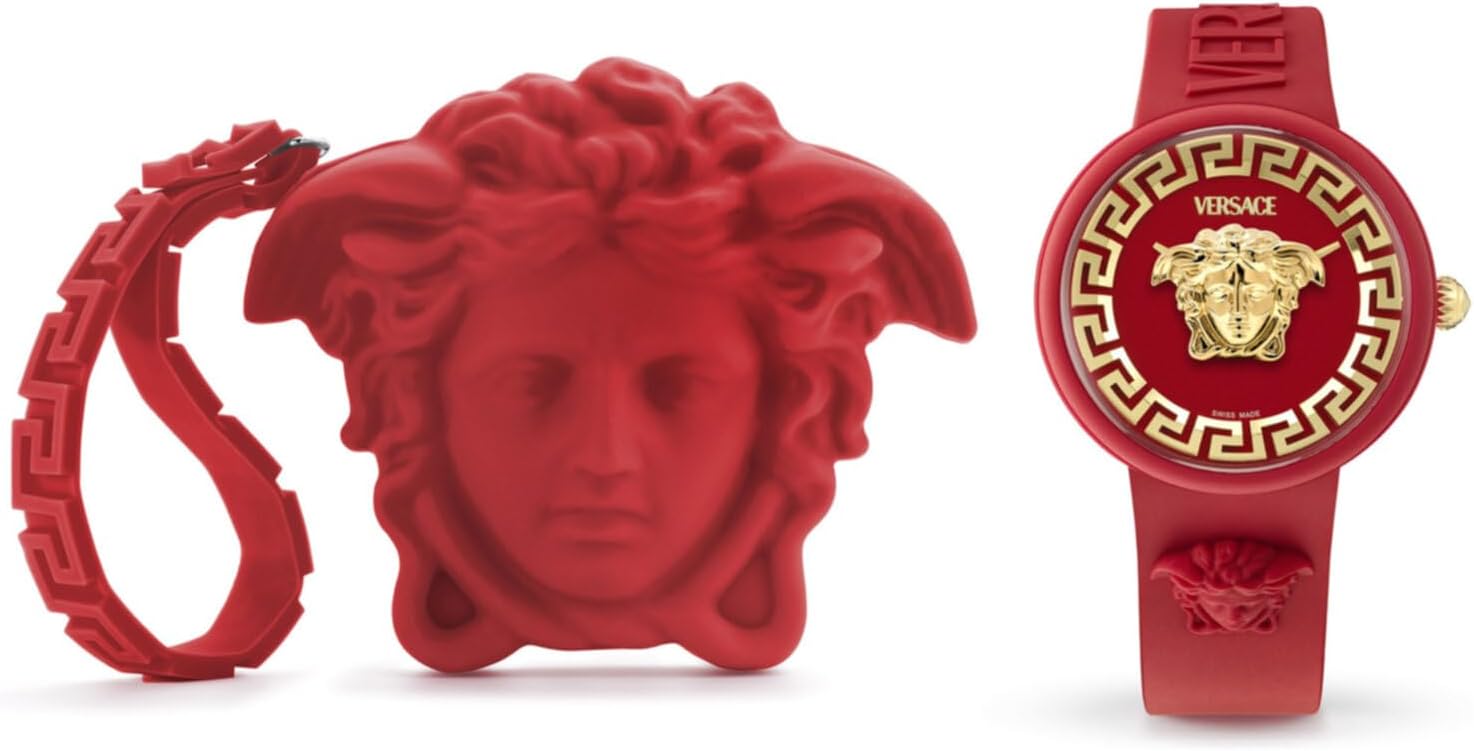 Versace Medusa Pop Collection Luxury Womens Watch Timepieces with a Red Strap, Case and Dial