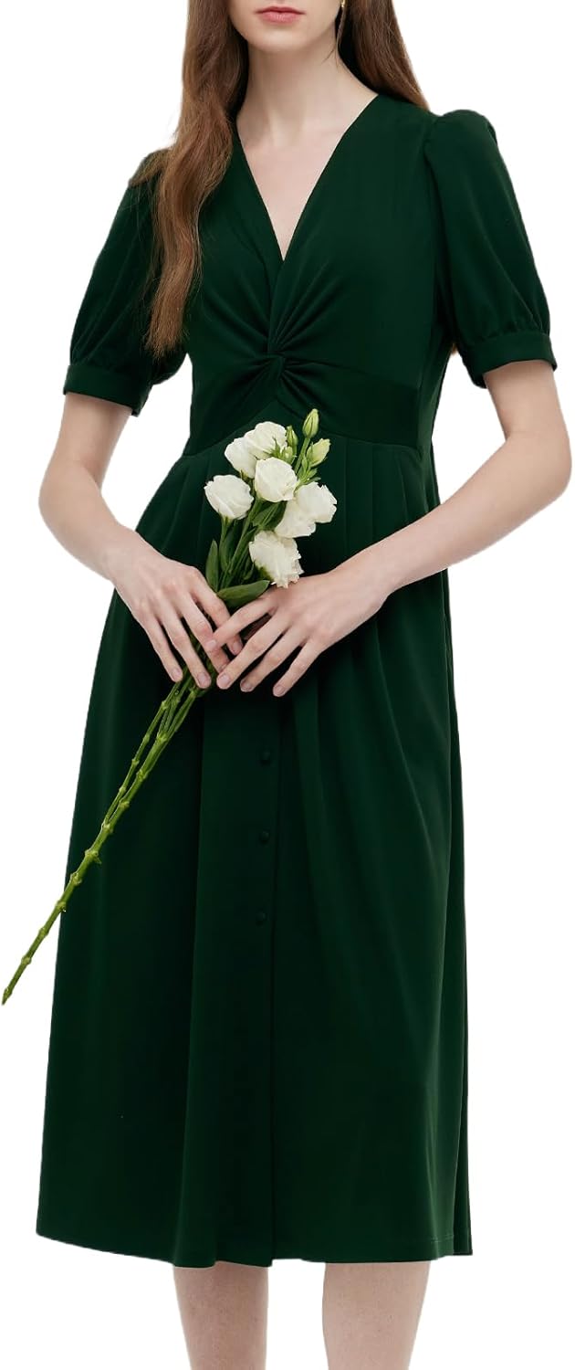 Women's Twist Front Midi Dress, Green, Short Puff Sleeves, V-Neck