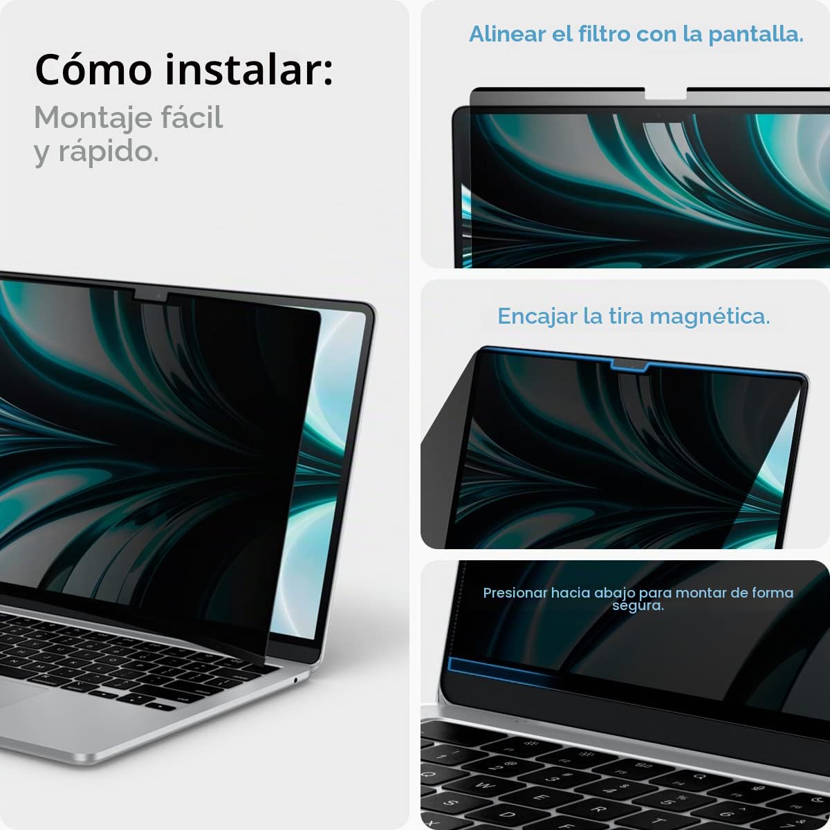 Spigen SafeView Protector Pantalla Filtro Privacidad para MacBook Air 13 Pulgadas (M5 2026 / M4 2025 / M3 2024 / M2 2022), 1 Unidad, Anti-Espía, Cobertura Completa, Con paño de limpieza y estuche