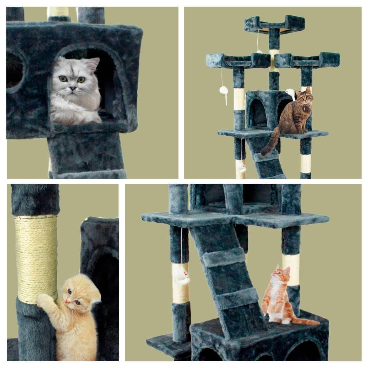 Mobiclinic® Pets, Albero tiragraffi per gatti, Modello Tom, Marca Europea Grande, Per arrampicarsi, 4 altezze, Con piani e rifugi, Anti-stress, Corda di sisal, colore Grigio