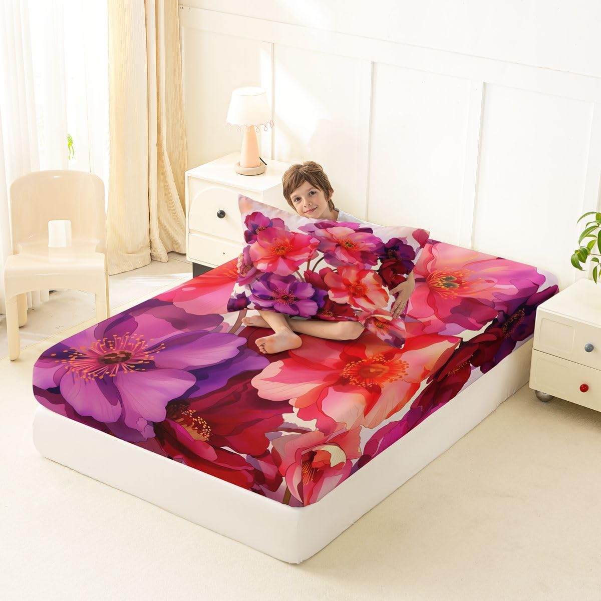Erosebridal Boho Florals Bed Sheets Twin 60s 70s Groovy Flower Fitted Sheet Watercolor Hippie Funky Flower Bedding Set for Girls Kids Children Teens Adults Pink & Purple Poppy Aesthetics Sheets 2 Pcs image 5