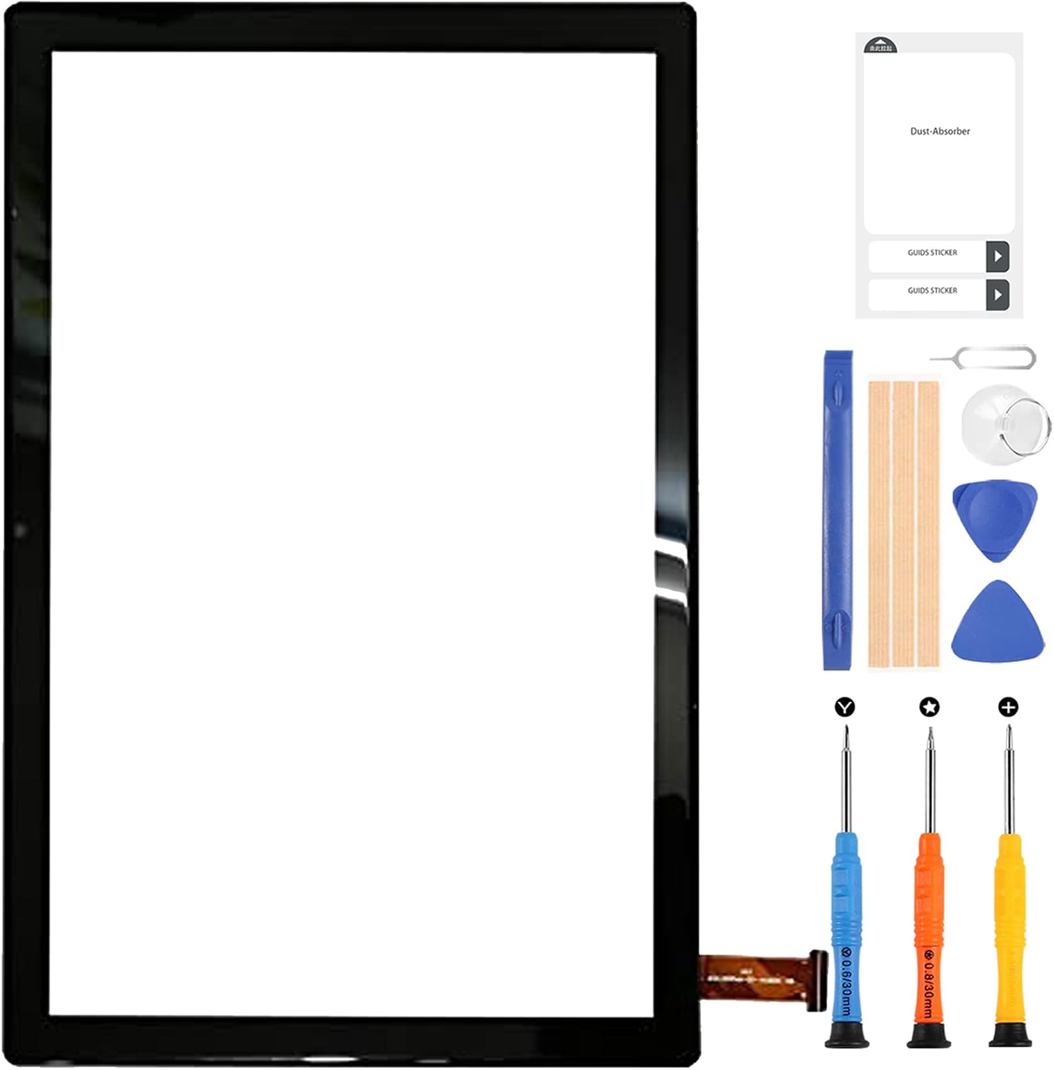 A-MIND Touch Screen Digitizer Replacement Kit for Dragon Touch NotePad 102 / Pritom TronPad L10, showing the digitizer and included repair tools.
