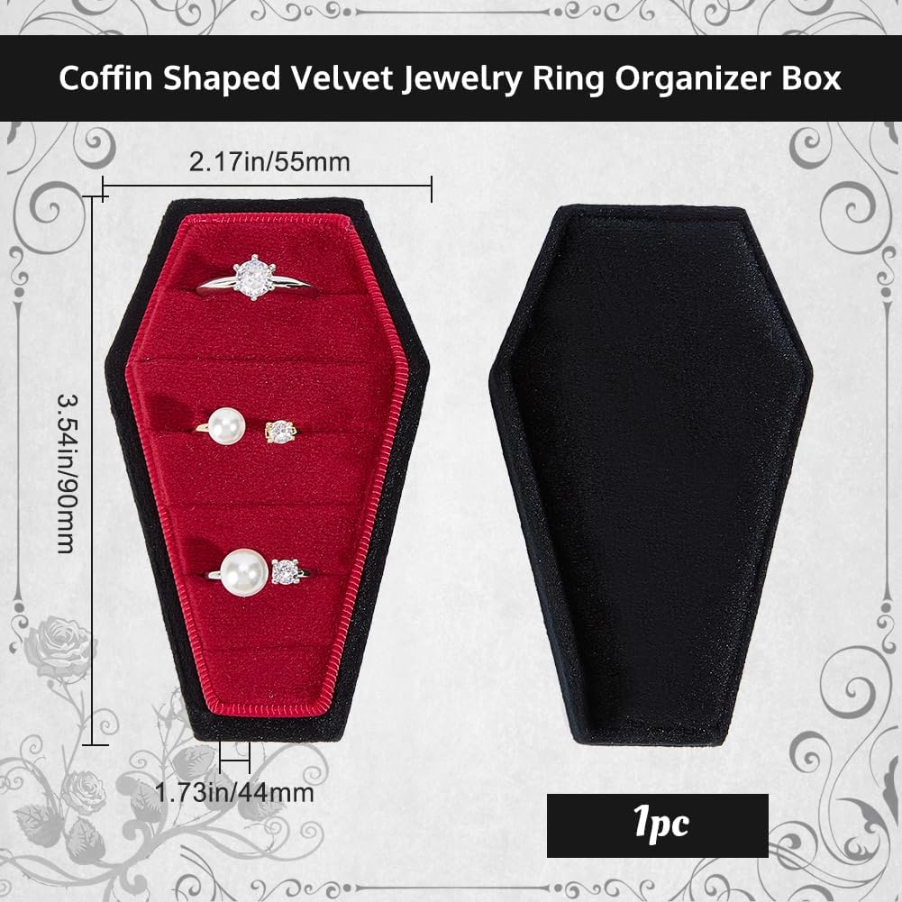 Beebeecraft Coffin Shaped Jewelry Box 6 Slot Black and Red Velvet Ring Case Holder Mini Coffin Gothic Tray Storage Halloween Theme Gift