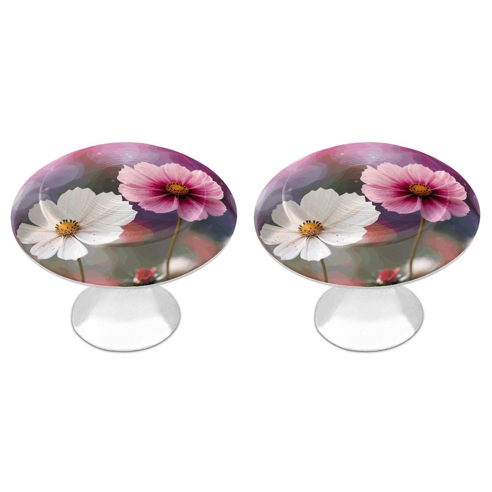 FekiLoot Two Peach Flowers Cabinet Knob Kitchen Drawer Knob Stainless Steel Round Drawer Pulls Modern Cabinet Hardware Vintage Dresser Drawer for Kitchen Bathroom Closet Dresser Cabinets
