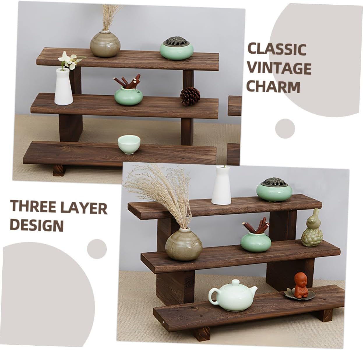 Tiered Wooden Display Stand Figures and Succulents Rustic Storage Rack for Desktop Collectibles Vintage Style Organizer for Small Spaces