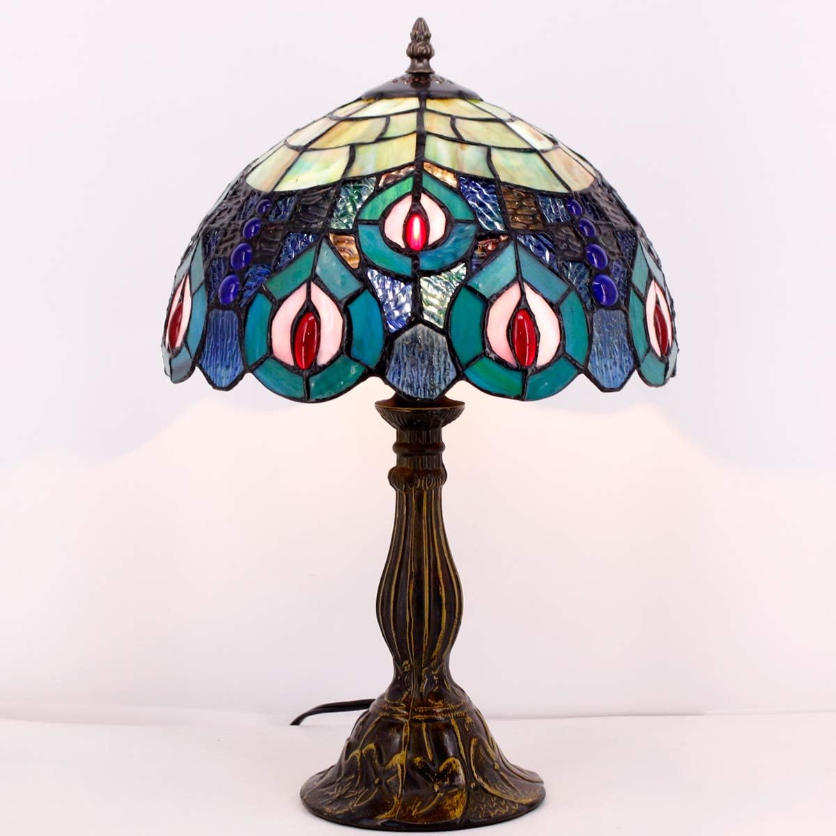 Onе-Dау Sаlе: Uр tо 40% оƒƒ Tiffany Table Lamp Blue Stained Glass Bedside Lamp Peacock Desk Reading Light 18 Tall Living Room Bedroom Coffee Bar Library Banker Decorative Memory Sympathy Vintage WERFACTORY LED Bulb Included
