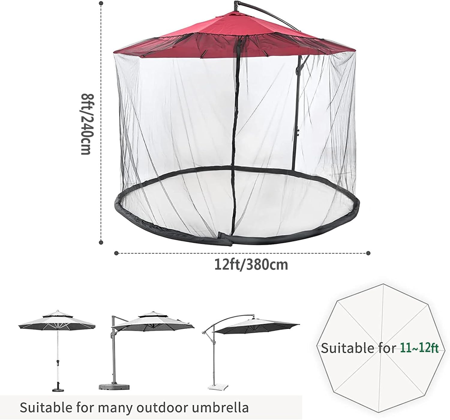 Ultra-Large Mosquito Net for Patio Umbrella Windproof Portable Foldable Adjustable Umbrella Netting Screen Mosquito Black Polyester Mesh Fabric with Double Zippers and Water Pipe