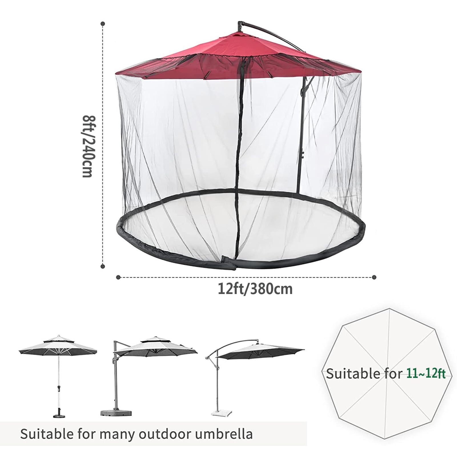 Ultra-duża moskitiera do parasoli patio Wiatroszczelna Przenośna Składana regulowana siatka parasolowa komara Czarna siatka poliestrowa z podwójnymi zamkami błyskawicznymi i rurą wodną