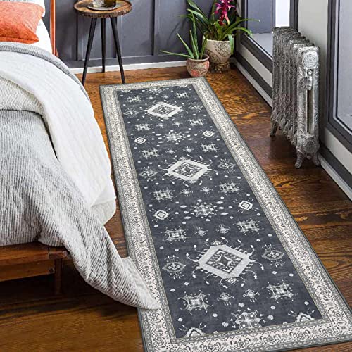 Lahome Persian Hallway Runner Rug - 2.5'X 8' Washable Rug Runner Non Slip Kitchen Rug Runner Ultra-Thin Carpet Vintage Rug Runner For Hallway Laundry Room Bedroom Bathroom ，Grey/Blue #TOP17