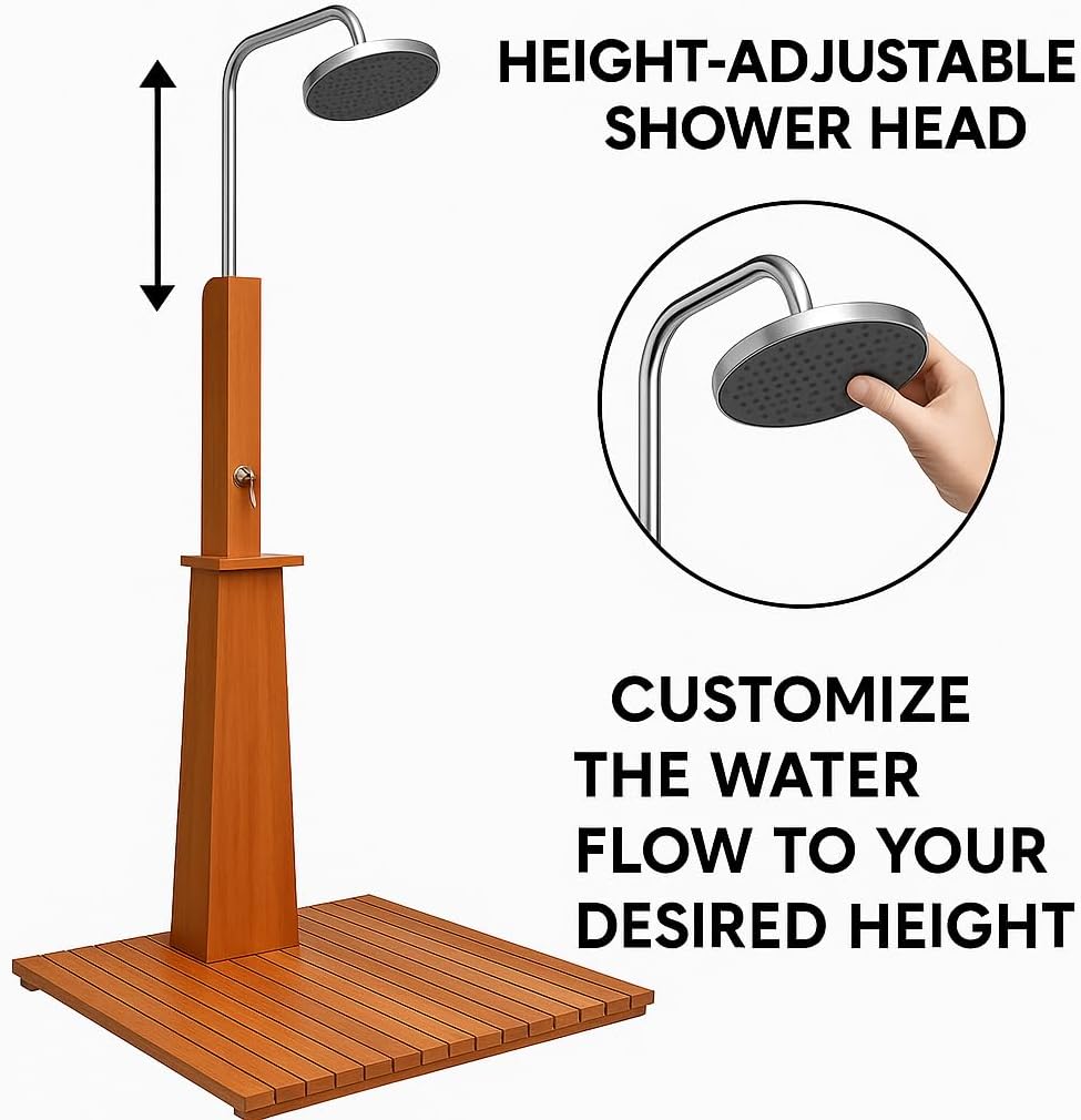 Casafoyer Outdoor Shower Eucalyptus Wood and Steel-Durable, Height-Adjustable, Free-Standing Garden and Pool Shower