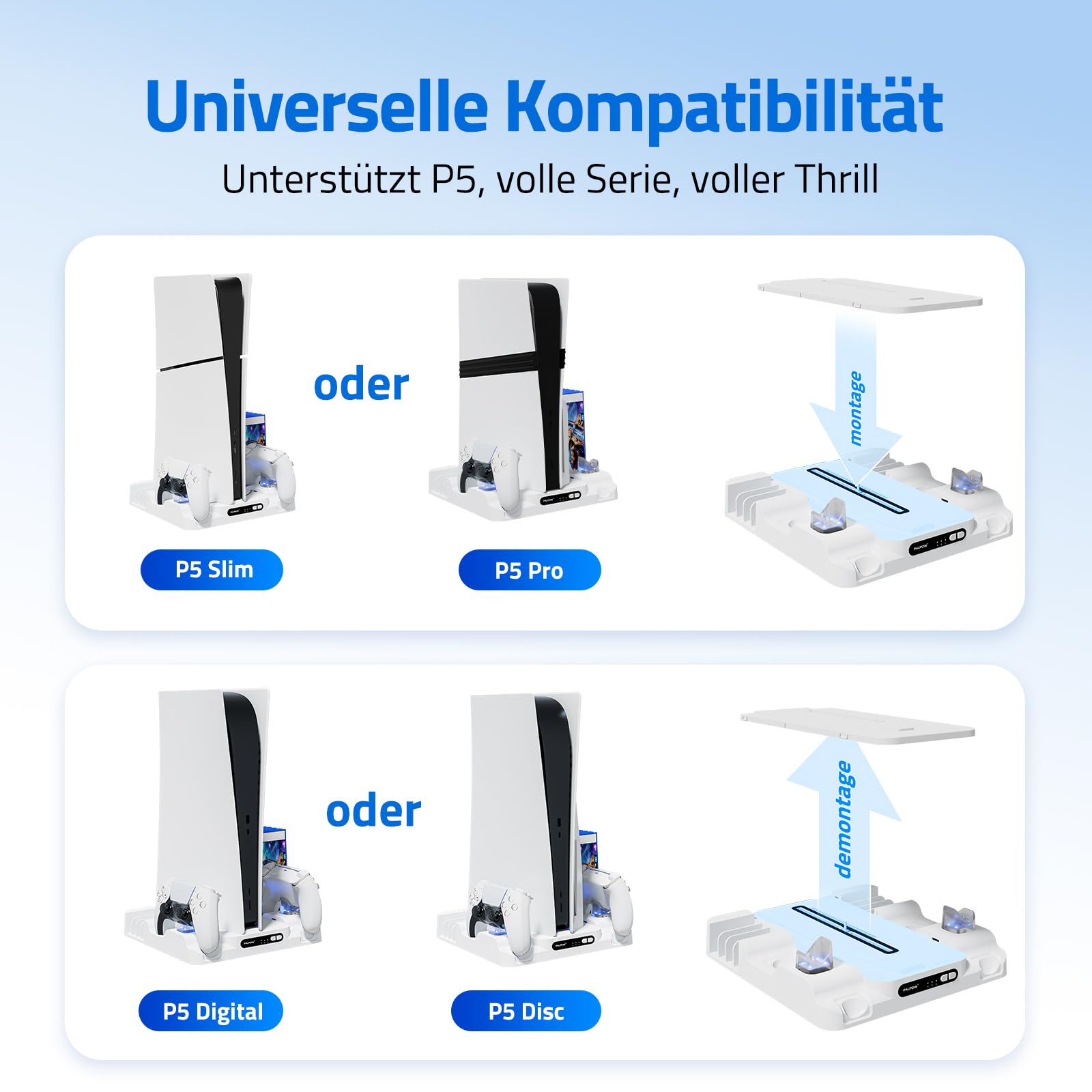 Kühlständer Kompatibel mit PS5 Pro/Slim/PlayStation 5 Disc & Digital - Vertikale Kühlstation mit Controller-Ladegerät für PS5 Zubehör - 3-stufige Lüfter-LED-Beleuchtung - Weiß0
