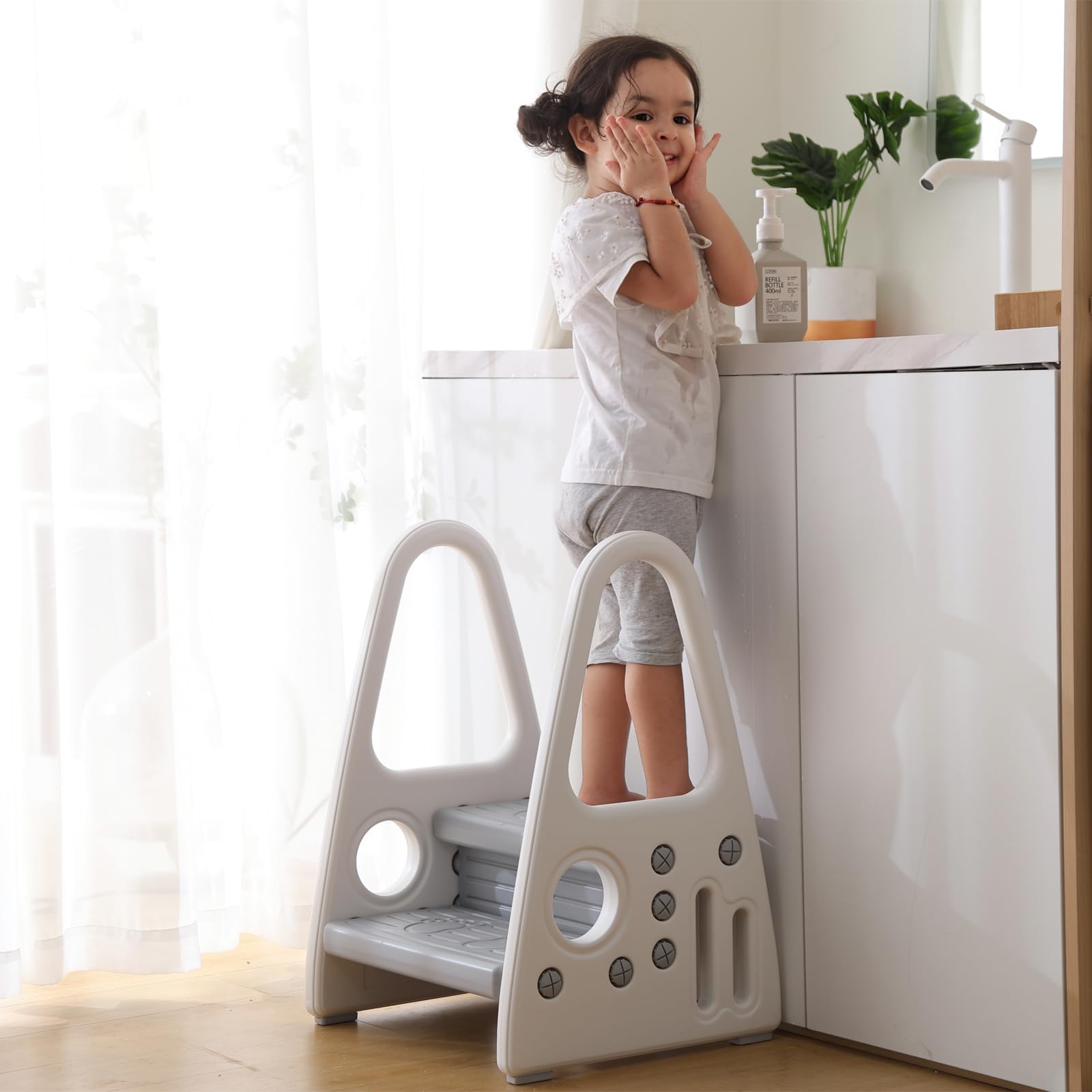 Marchepied Enfant Fille 33cm Rose & Blanc - 2 Marches Design Arc-en-Ciel Bois