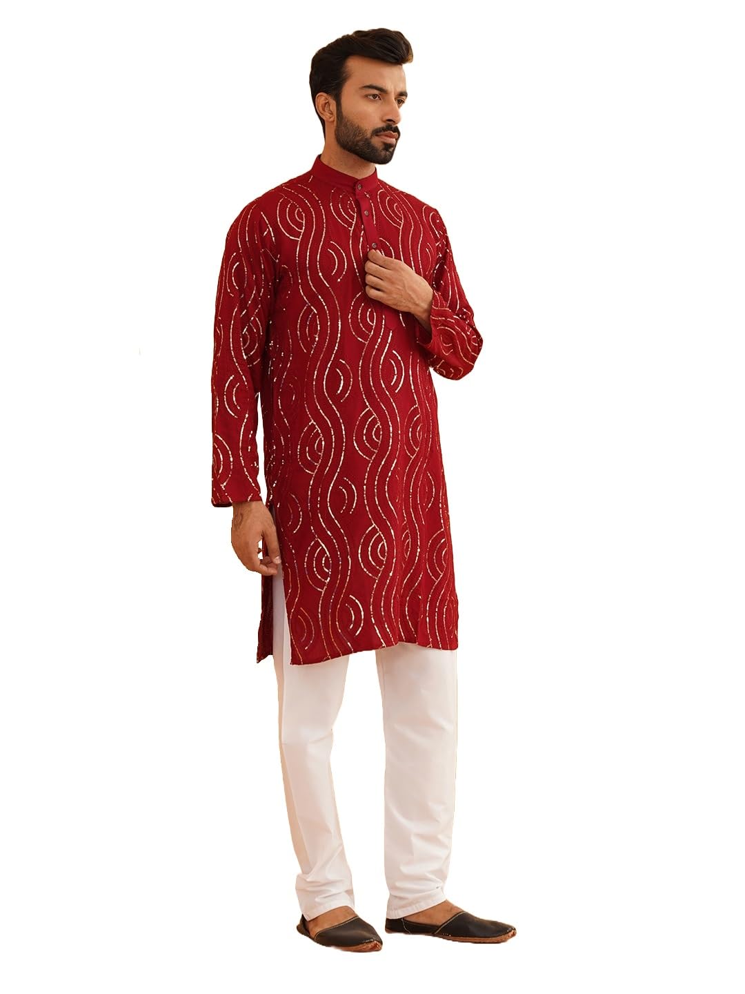 sojanya (Since 1958 Men's Embroidered Sequinned Cotton Kurta With Churidar Pyjama Set-picture-13