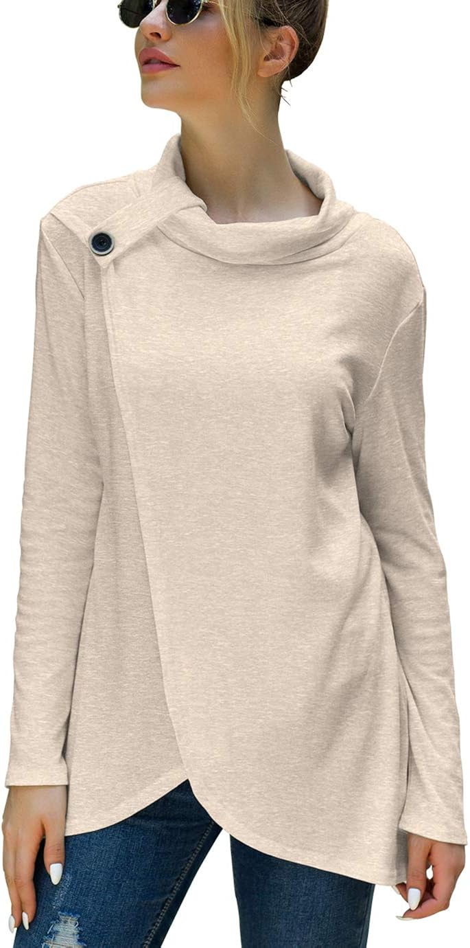 Iandroiy Women's Wrap Shirts Turtleneck Loose Button Lightweight Pullover Tunic Tops