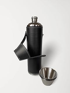 12oz Black Flask with 4 Shot Glasses in Cap – Stainless Steel with Waterproof Leather Case, Leakproof, Reusable, Travel
