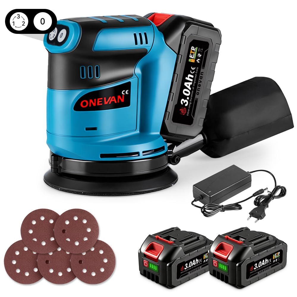 ONEVAN Lijadora Excéntrica Inalámbrica 125mm, con 5 Lijas & 2 Baterías | 3-Vel. 8000~12000Rpm, Lijado Rápido, Bolsa Aspiración, Manejo Cómodo con Una Mano, Para Lijar Madera, Metal y Barnizado