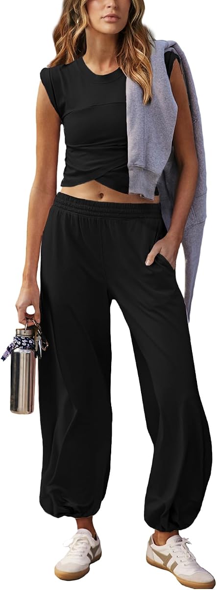 Outfeel Women 2 Piece Outfit Set Loungewear Cropped Tops and Jogger Sweatpant Matching Set Coordinated Sweatsuit with Pockets
