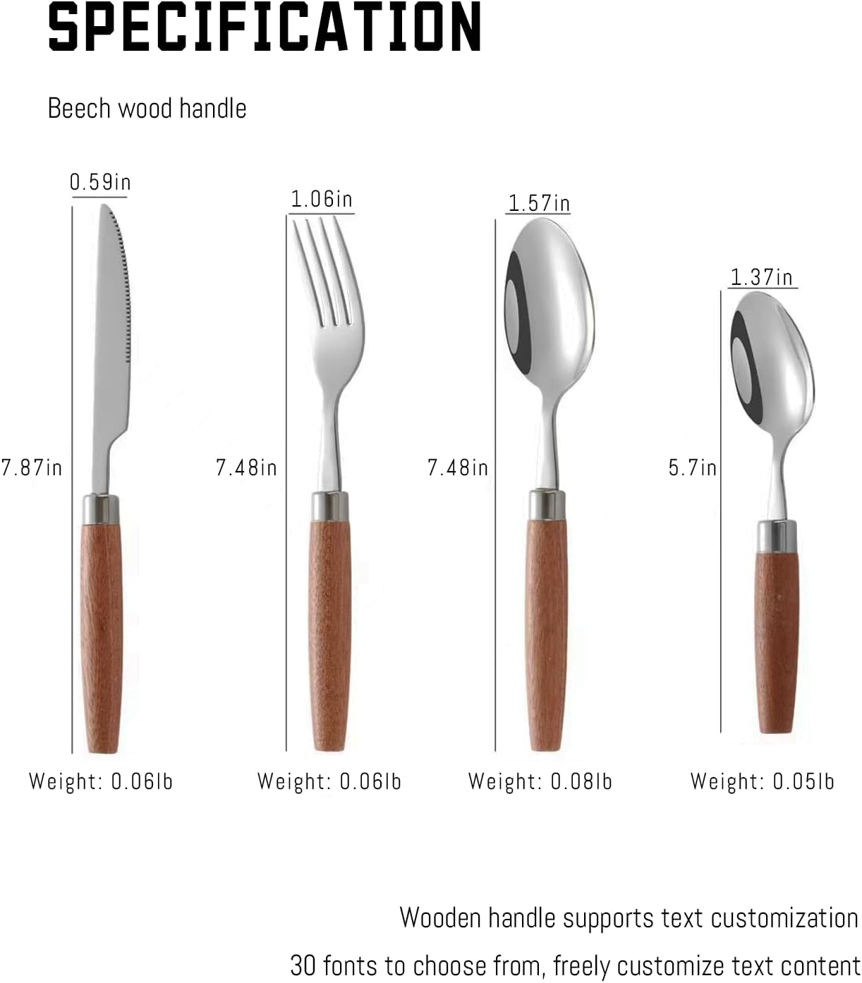 Custom Silverware Set, Personalized Engraved Text Stainless Steel Cutlery with Beech Wood Handle - Dinner Knife, Dinner Fork,Dinner Spoon, Dessert Spoon Set of 4 for Home and Restaurant, Flatware Set