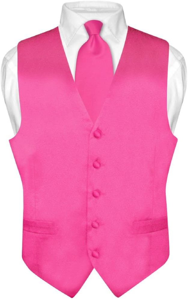 Biagio Men's SILK Dress Vest & NeckTie Solid HOT PINK FUCHSIA Color Neck Tie Set