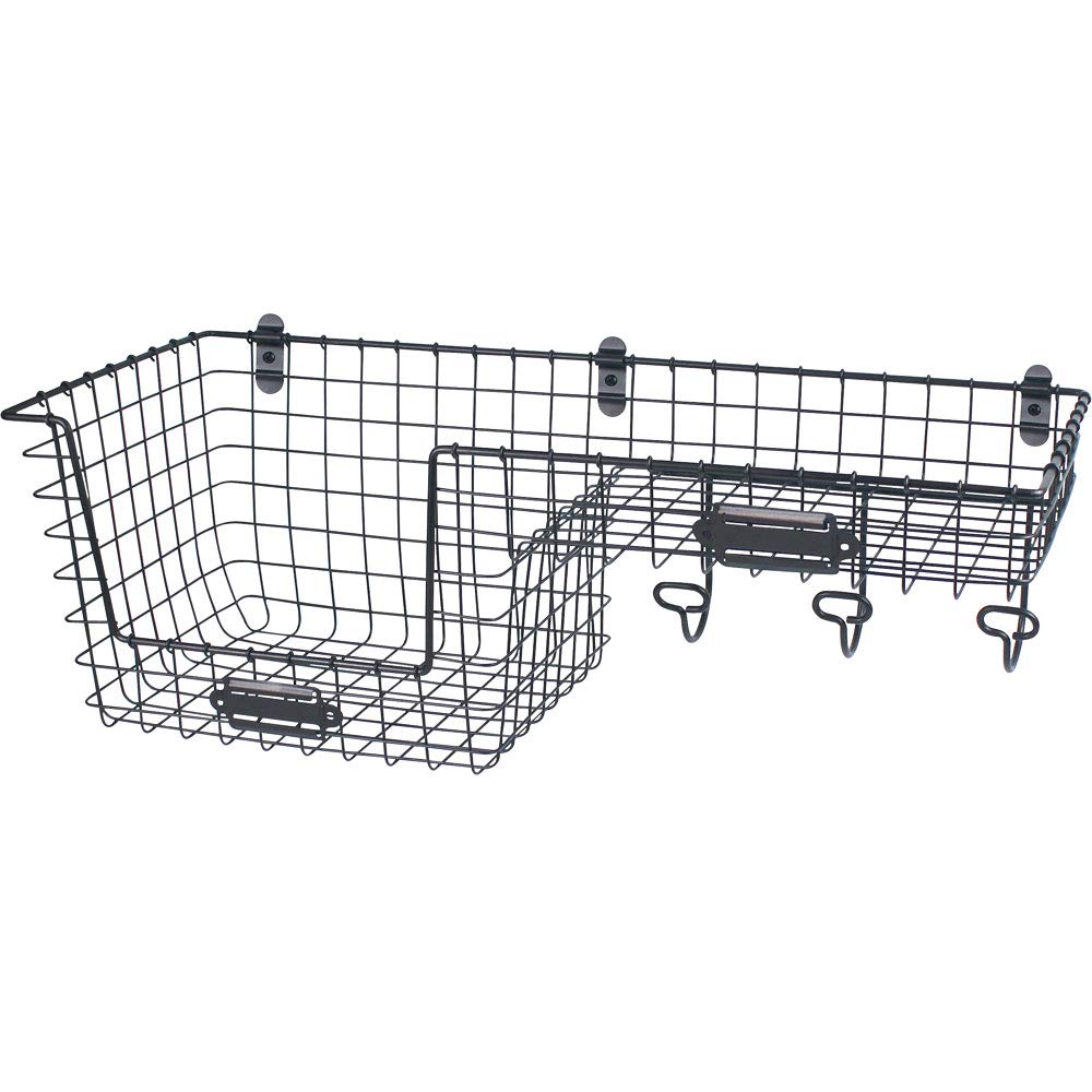 Spectrum Diversified Vintage Station, 2 Baskets with Label Plates for Entryway Storage, Sturdy Steel Hooks for Jackets, Leashes & Accessories, Rustic Farmhouse Decor, Large, Industrial Gray