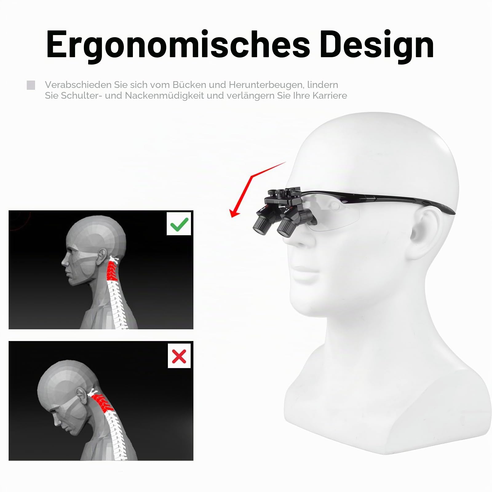 3,0 x 450 mm Pupillendistanz, Ergo-Fernglas, ergonomische Lupe, Lupe, verstellbar, ultraleicht, Lupe