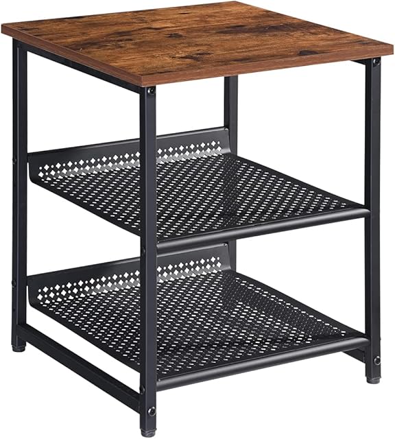 Side Table, Nightstand, Industrial Style Sofa End Table 42 x 42 x 52 cm,with 2 Adjustable Mesh Shelves, Easy Assembly, for Living Room,Bedroom, office,Wood & Metal,Rustic Brown