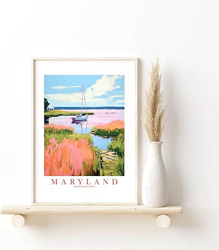 Miniatura 8 de ColorAndFlair Maryland Travel Print Old Line State Souvenir Chesapeake Bay MD Wall Art Pink Orange Blue Retro Poster Landscape Painting (11x14