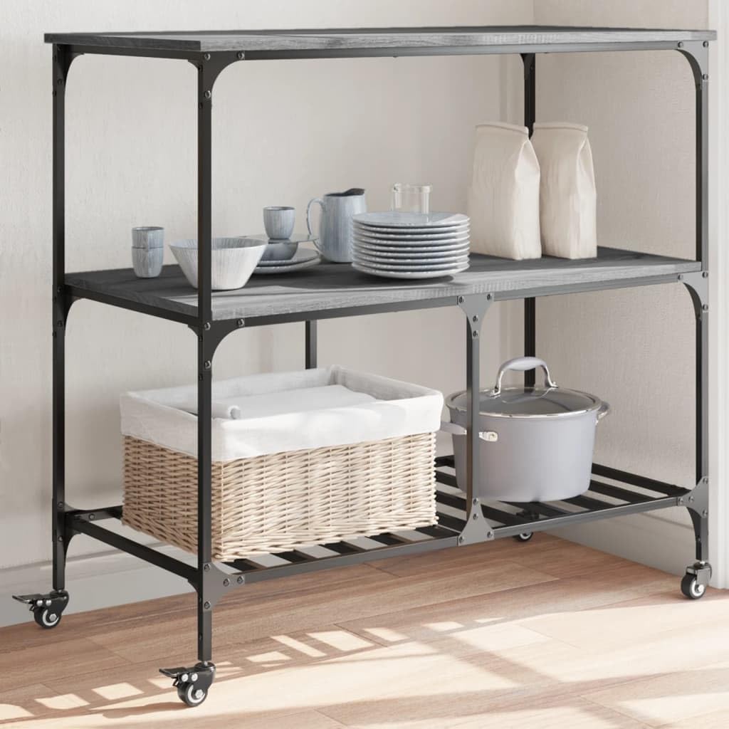 vidaXL Carrito de Cocina, Estante de Almacenaje, Carro de Servicio Comida, Carrito para Salón Baño Estudio, Madera de Ingeniería Gris Sonoma