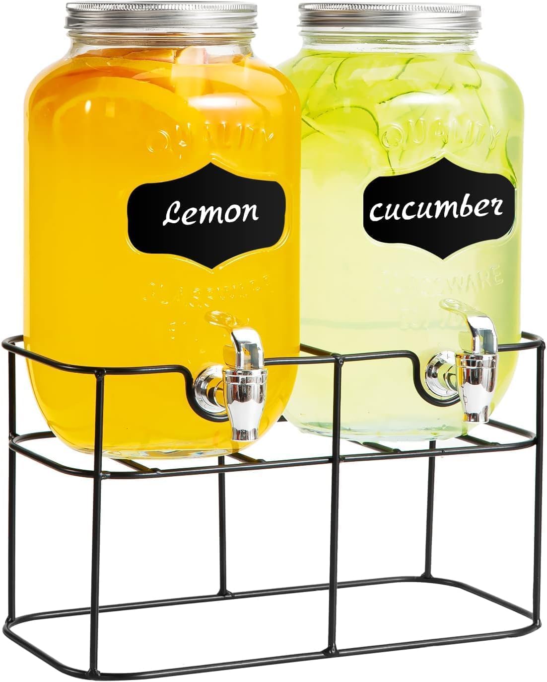 Photo 1 of 2 Pack Drink Dispenser with Stand Beverage Dispenser Each 1 Gallon Glass Drink Dispensers for Parties Lemonade Sangria Dispenser Mason Jar Drink Dispensers 1GALLON METAL STAND