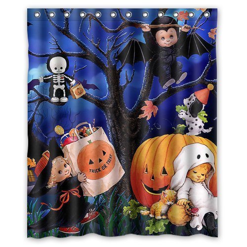 MEHOFOND Halloween Bathroom Decor Set - 4 Pcs Shower Curtain, Bath Mat, Lid Cover & Rugs (Castle Moon Pumpkin Design)