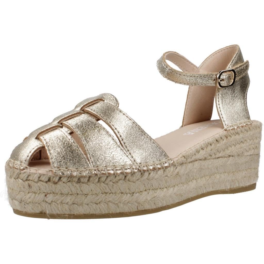 MACARENA - Sandalia de pala con cuña de esparto,pulsera al tobillo,suela de goma,piel,espadril,con brillo para: Mujer
