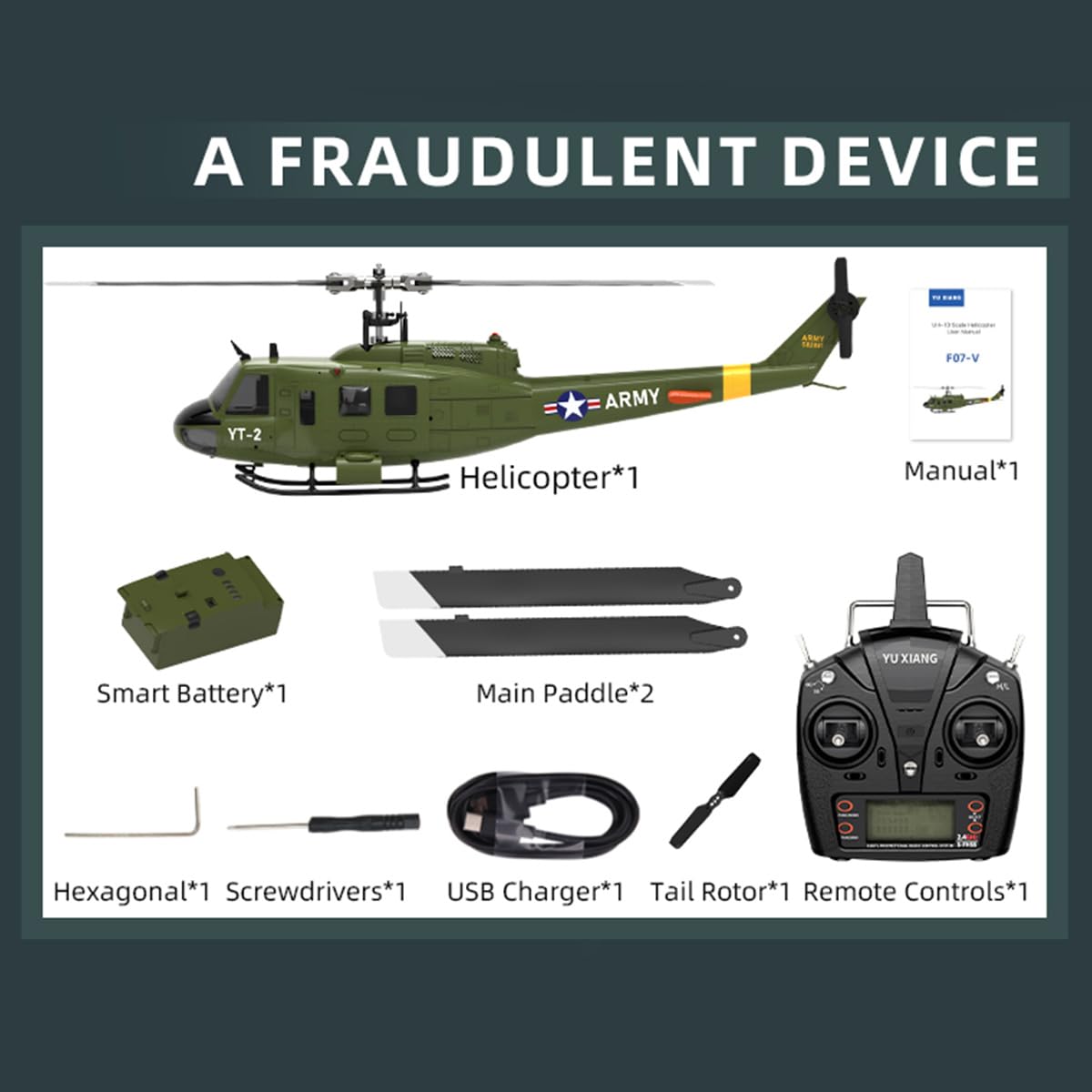 RC śmigłowce dla dorosłych, F07-V 1/34 skala UH-1 Huey 2.4G 6CH bezszczotkowy bezpośredni bezszczotkowy helikopter RC Flybarless RC tryb modelu 1/Mode 2 przełączane (wersja RTF)