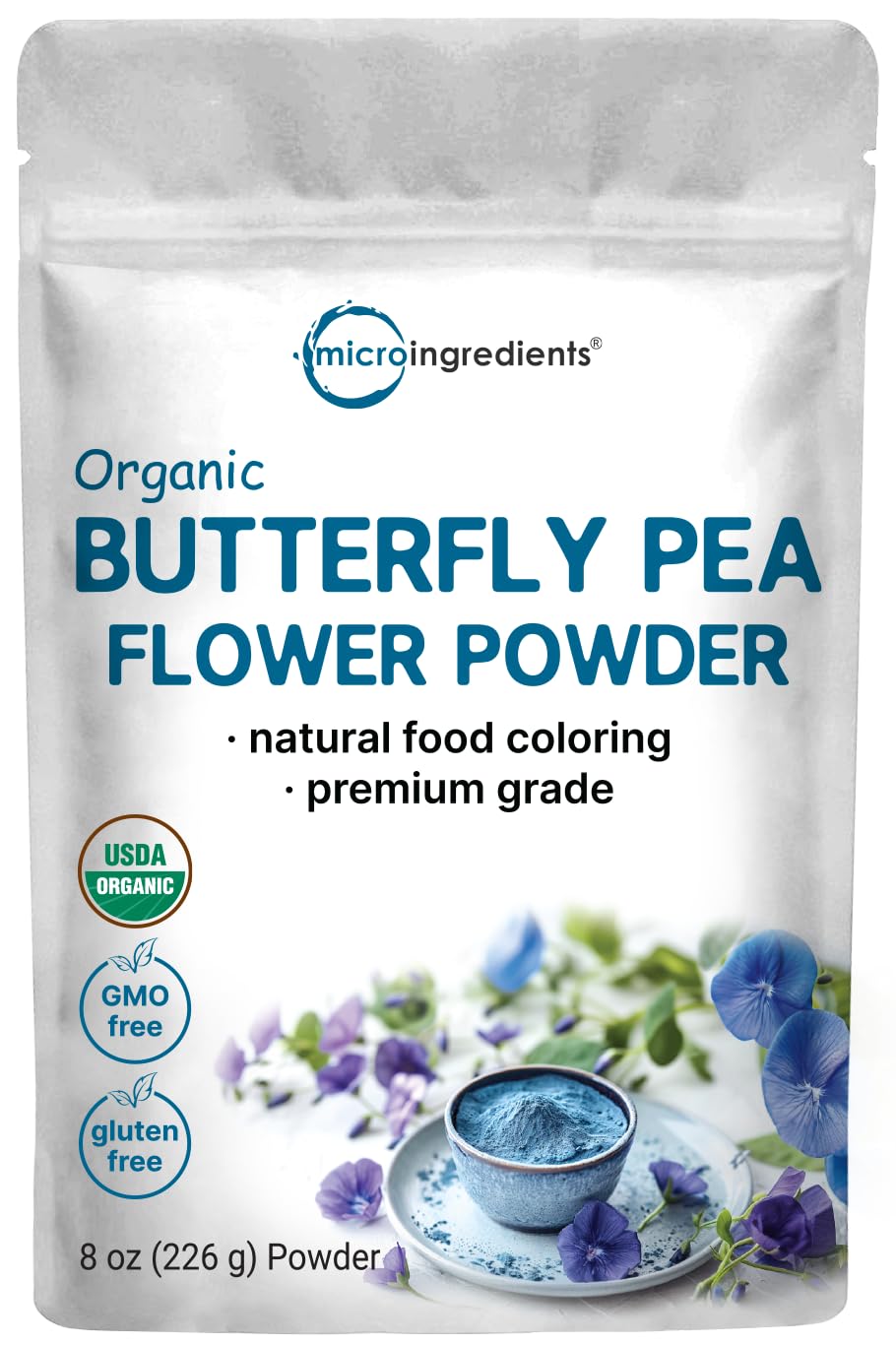 Organic Butterfly Pea Flower Powder, 8oz | Great for Iced or Hot Brewed Herbal Tea | Natural Blue & Purple Food Coloring | Premium Grade | Rich in Antioxidants | Caffeine Free, Non-GMO, No Sugar