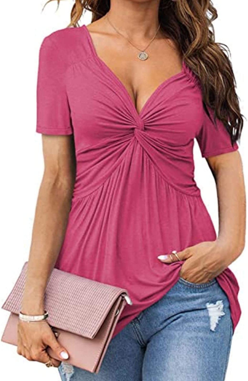 AMhomelyPlus Size Tops for Women Sexy Tunics Shirts Slim Fit Longline Blouses Elegant Blouses for Work Office Ladies Summer Tops Solid Colour Basic Tee Shirts UK