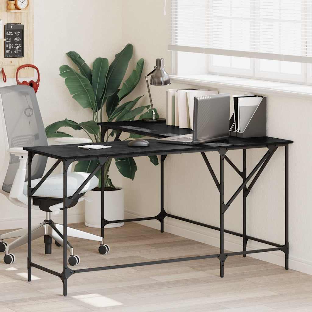 Escritorio esquinero en forma de L de roble negro de 149 x 149 x 75 cm con amplia superficie de trabajo para oficina en casa y oficina, marco de acero resistente, diseño minimalista