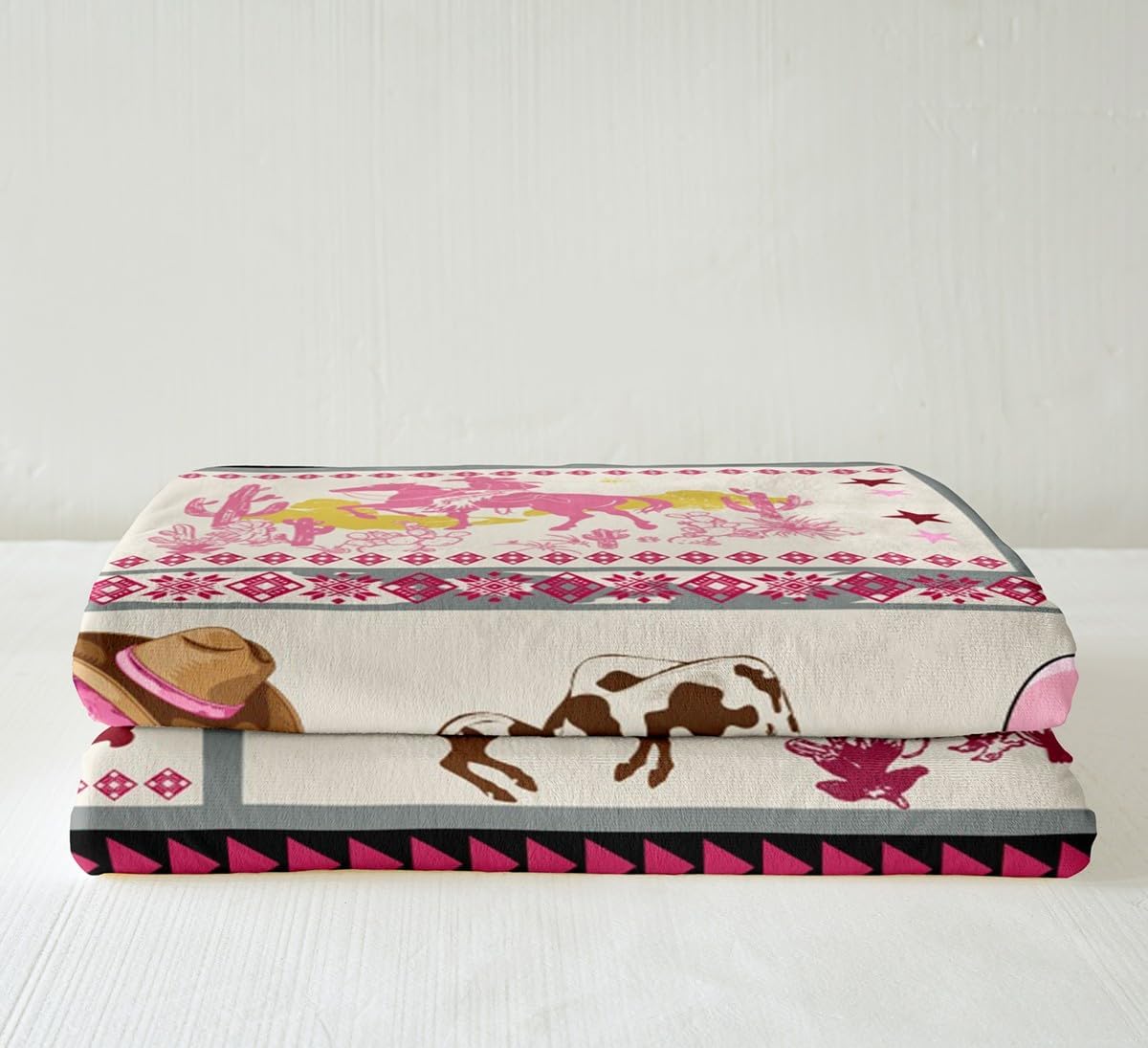 Erosebridal Western Cowgirl Queen Size 90''x90'' Blanket Cowboy Western Horseshoe Blanket for Kids Girls Pink Room Decor, Boho Stripes Cow Print Fuzzy Blankets for Bed Couch