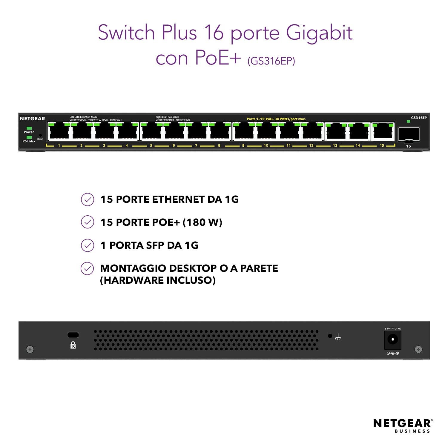 NETGEAR Switch PoE 16 porte Unmanaged GS316P, Switch Ethernet Gigabit con 16 PoE+ a 115 W, montaggio desktop o a parete
