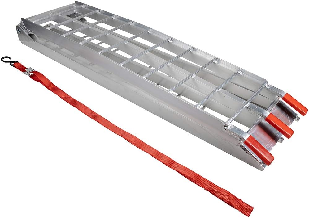 Pit Posse PP2755 Aluminum Folding Truck Ramp for Motorcycle Loading 7.5ft (89") - 750lbs Rated - Includes Bonus Strap Tie-Down - Dirt Street Bike Trailer