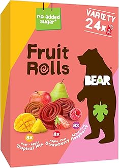 BEAR Real Fruit Snack Rolls - Gluten Free, Vegan, and Non-GMO - Variety Pack (Strawberry, Raspberry, Tropical)) – 48 Rolls, Healthy School and Lunch Snacks for Kids and Adults, 0.7 Ounce (Pack of 24)