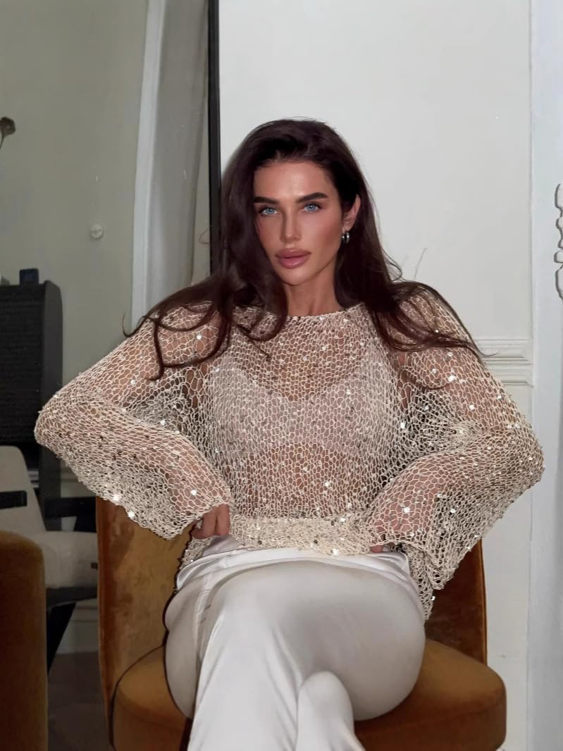 Women’s Sequin Mesh Hollow Sweater Sheer Long Sleeve See Through Pullover Top Sparkly Party Club Outfits - Image 2