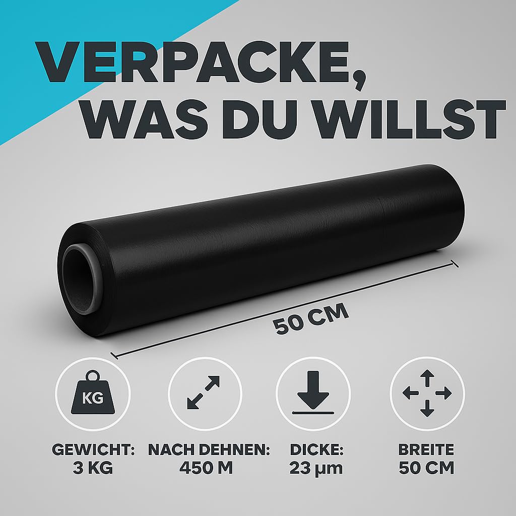 GiDeli Lot de 10 rouleaux de film étirable - Noir - 450 m / 50 cm - Matériau d'emballage sur rouleaux - Film pour meubles - Film pour déménagement