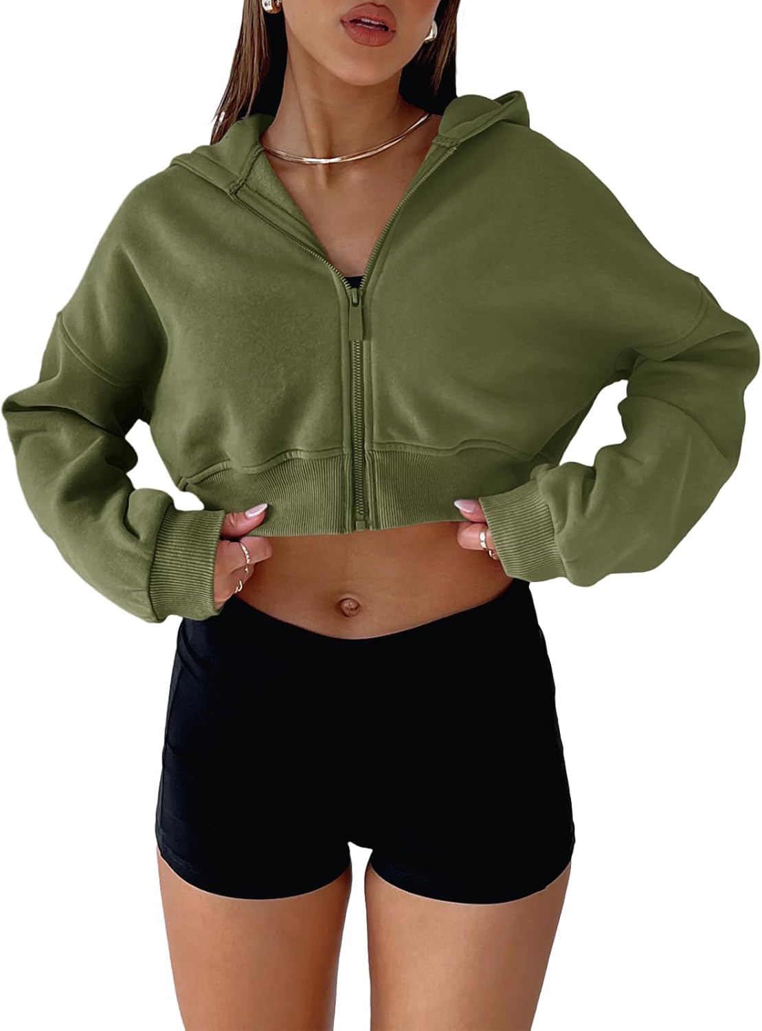Aurgelmir Women's Cropped Zip Up Hoodie Sweatshirts Long Sleeve Casual Loose Y2K Pullover Tops