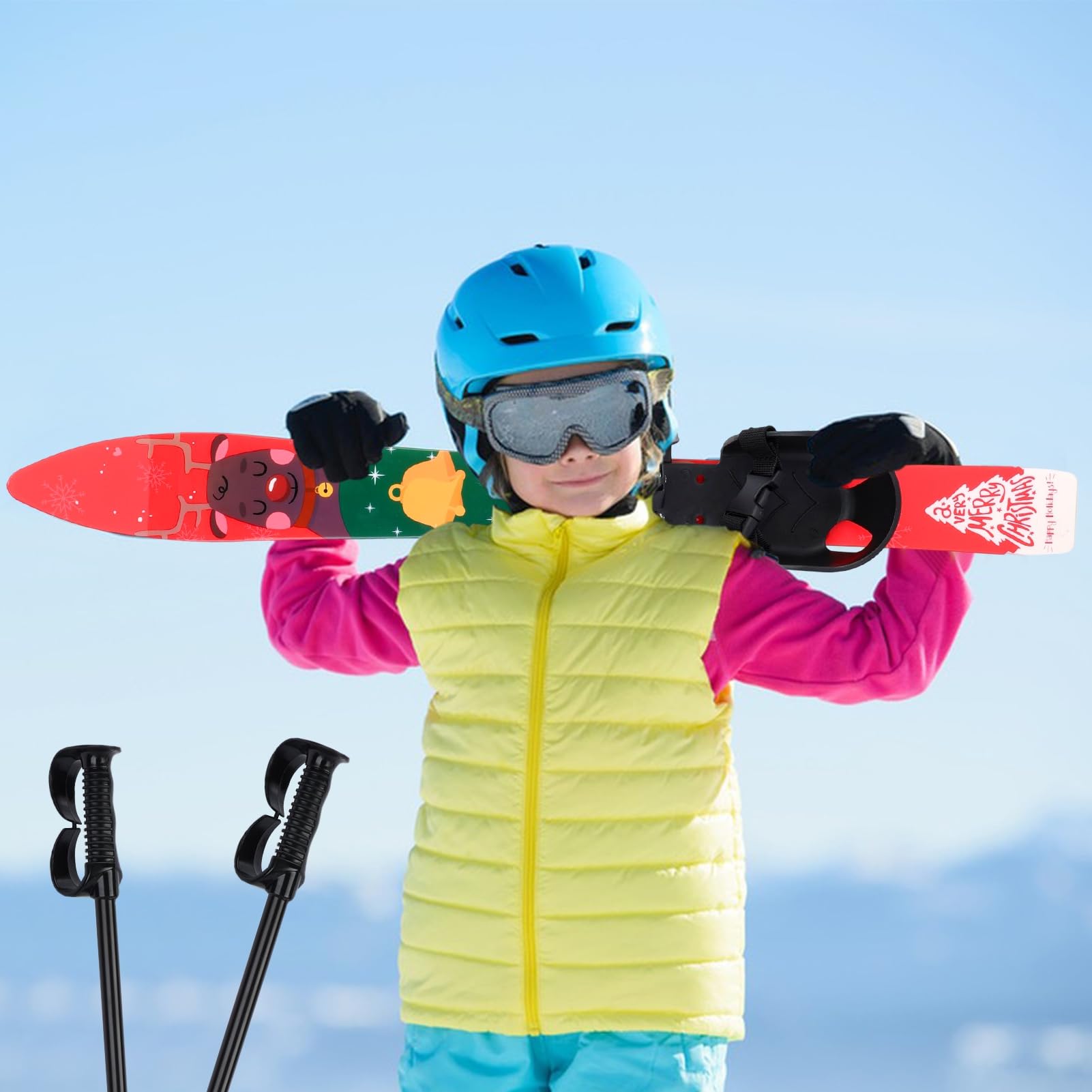 Skis et bâtons de Neige pour Enfants débutants, Planches de Ski pour Sports d'hiver pour Enfants de 4 Ans et Moins, équipement de Ski léger, Robuste et sûr pour Enfants, Boucle réglable