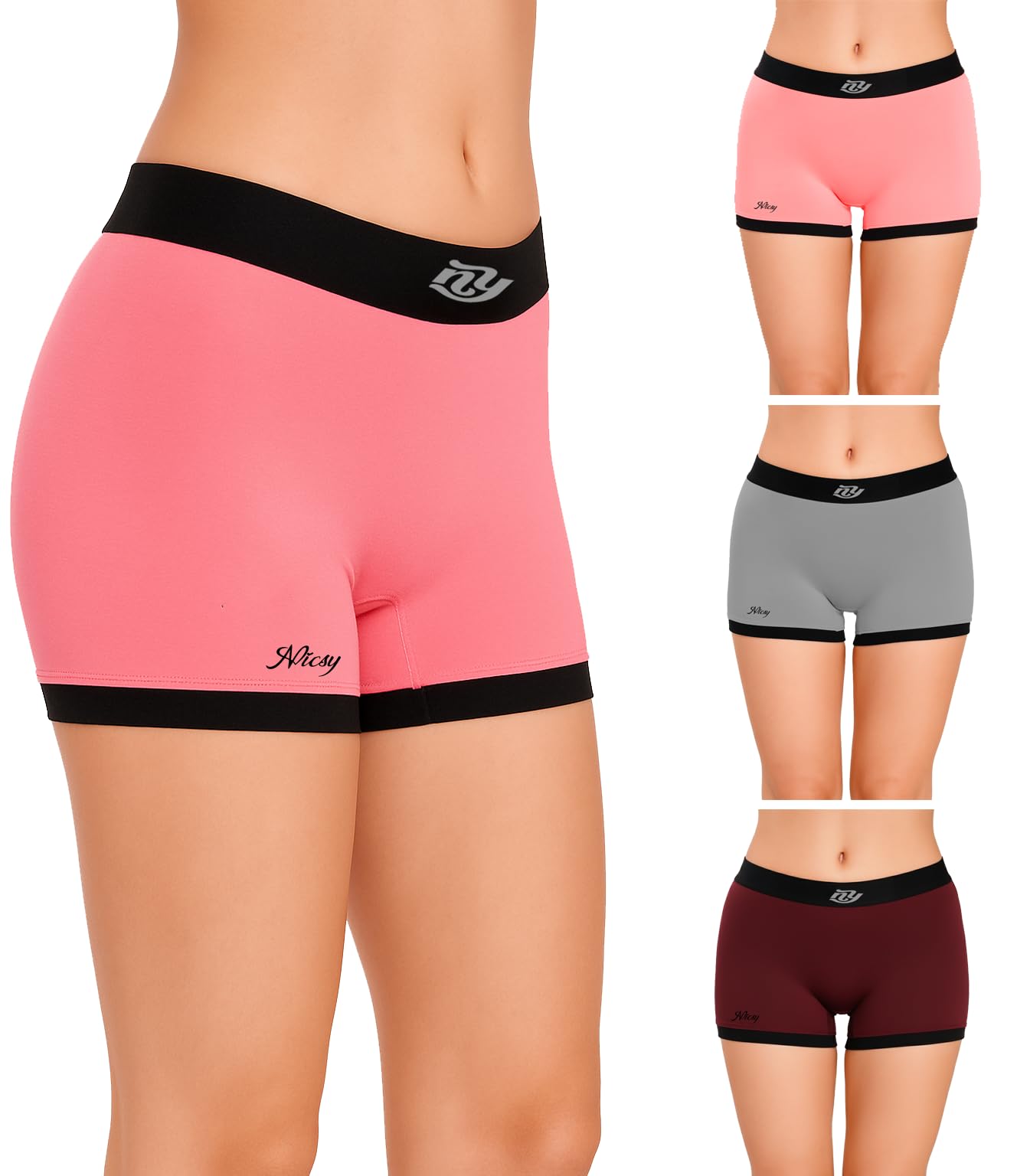 Women Boyshort Underwear-Soft Cotton Contrast Waist Elastic Belt Boxer Briefs Full Coverage Hipster Panty