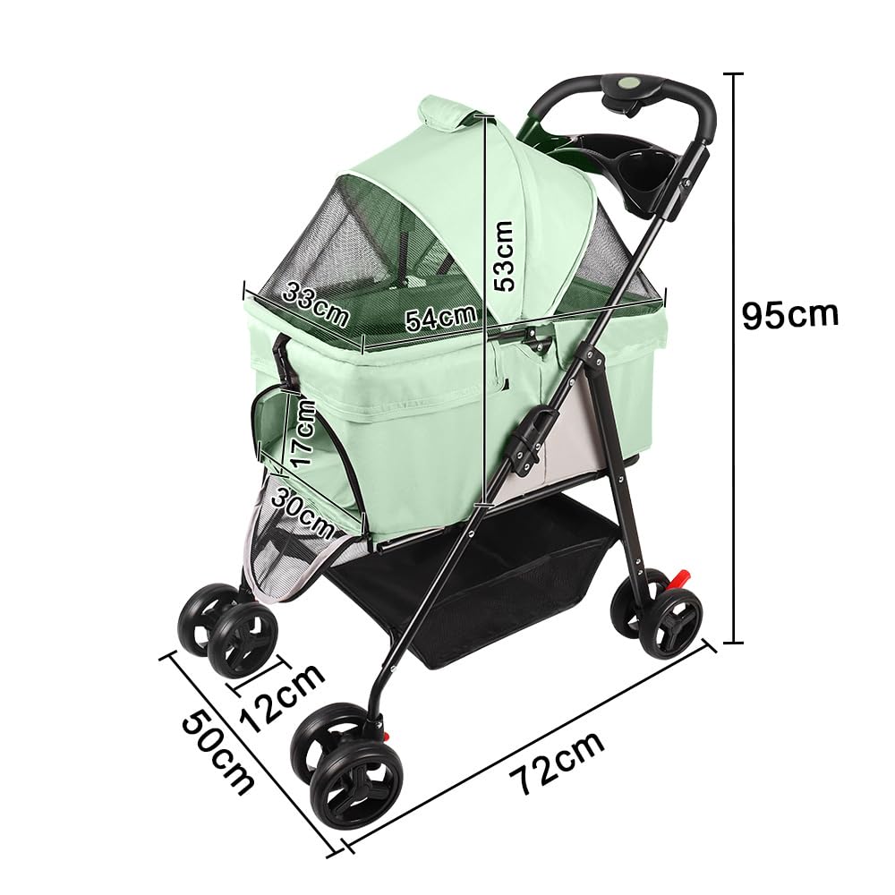 OHMG Faltbarer Buggy für Tiere, faltbar, für Hunde und Katzen, Getränkehalter, Aufbewahrungskorb, inklusive Rollen mit Bremse, 600D Oxford-Stoff, mit abnehmbarer Babywanne, faltbare Transportbox