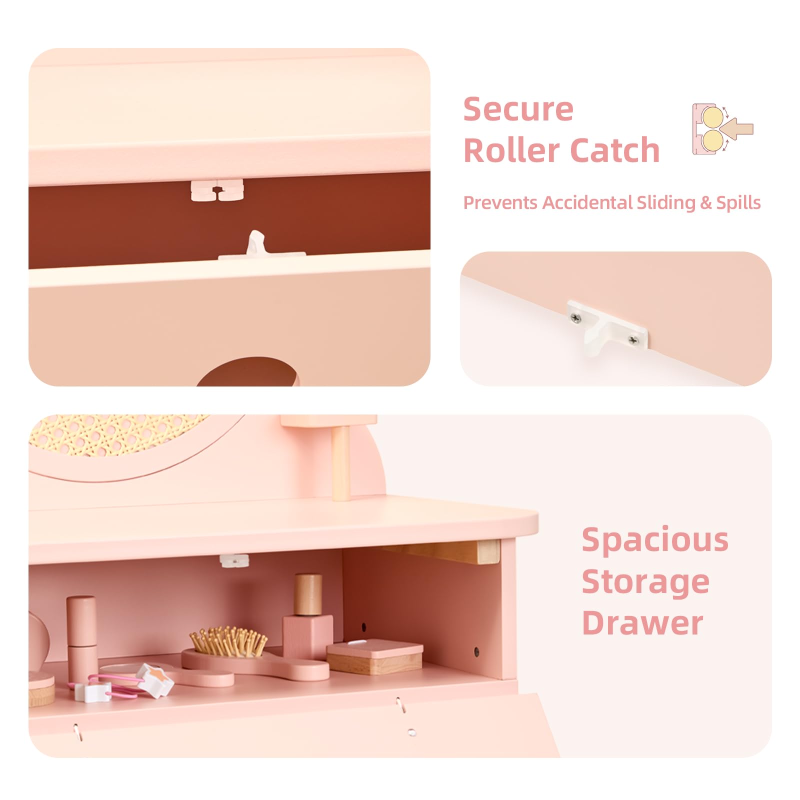 OOOK Schminktisch Kinder, Kinderschminktisch mit Hocker und Spiegel, Mädchen Frisiertisch aus Holz, Kinder Schminktisch für Mädchen ab 3 Jahre, Rosa