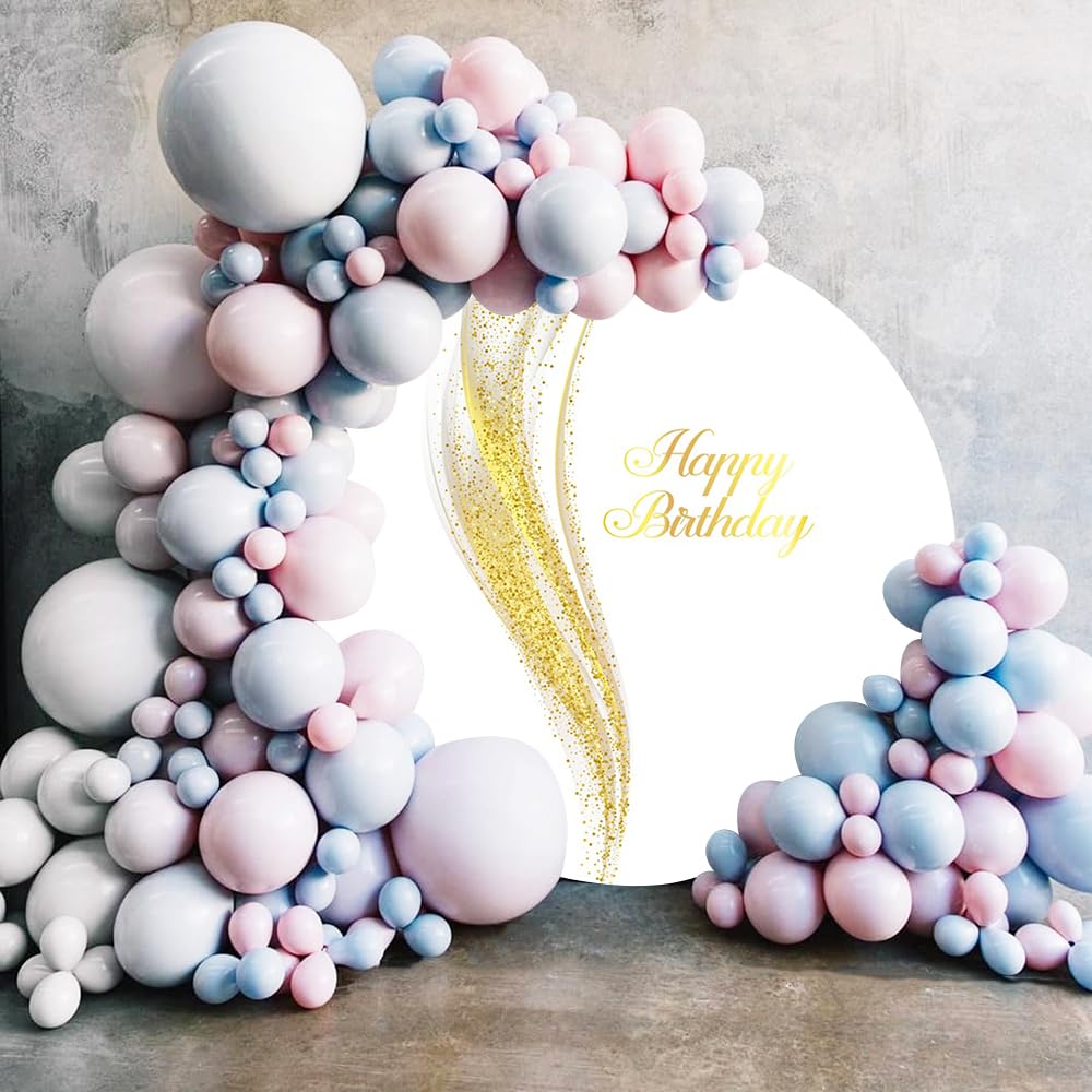Durchmesser 2,2m Runde Happy Birthday Weiß Gold Backdrop Gold Kurven Glitter Wellen Hintergrund für Fotografie Geburtstag Party Baby Dusche Photo Booth Requisiten, Polyester